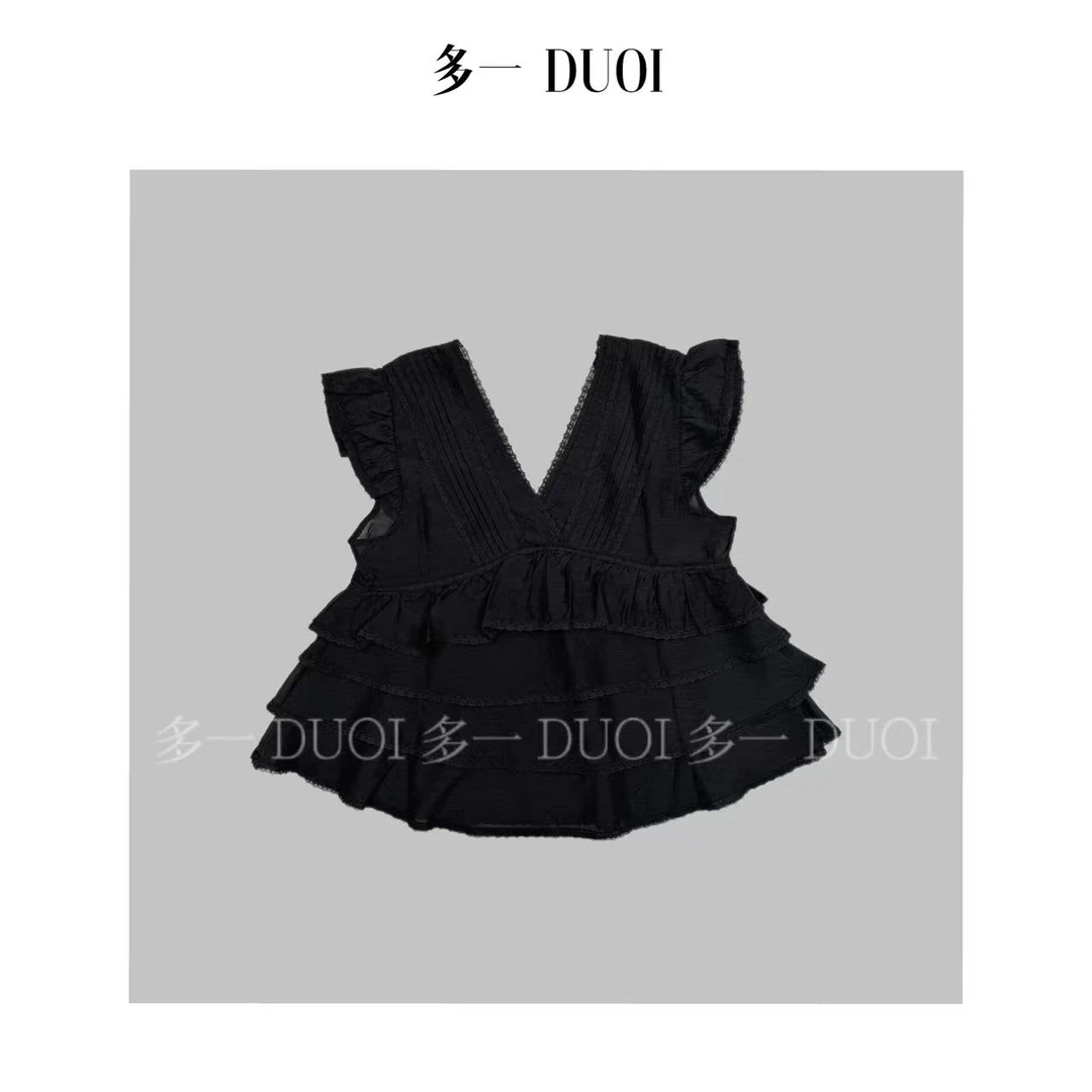 多一“荷叶娃娃”2025夏季法式V领荷叶边设计蕾丝气质无袖背心