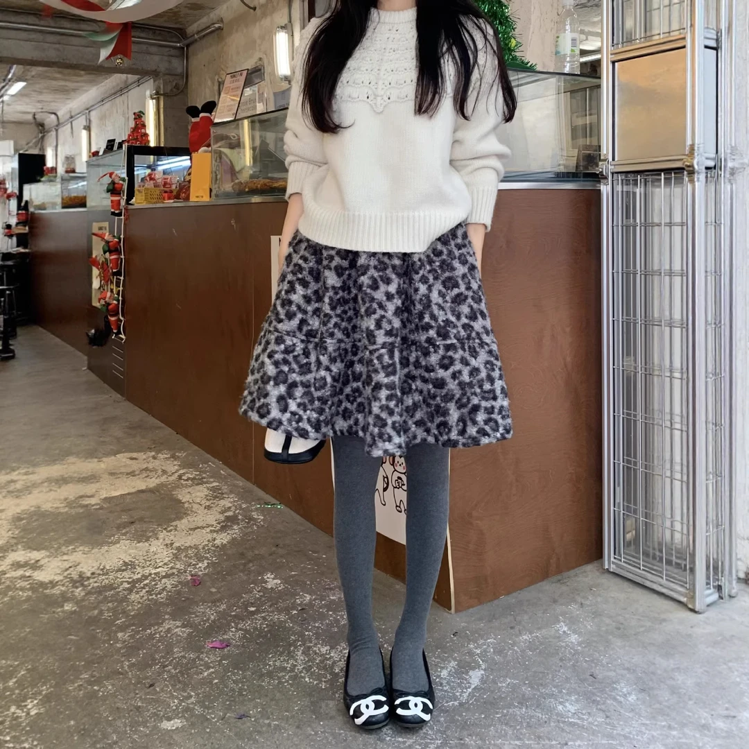 实拍~复古豹纹圈圈毛呢新款宽松显瘦A字裙韩版女装2025年冬季新款