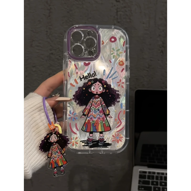 适用苹果16pro泡芙羽纱iPhone15手机壳华为p创意涂鸦女孩卷发小米