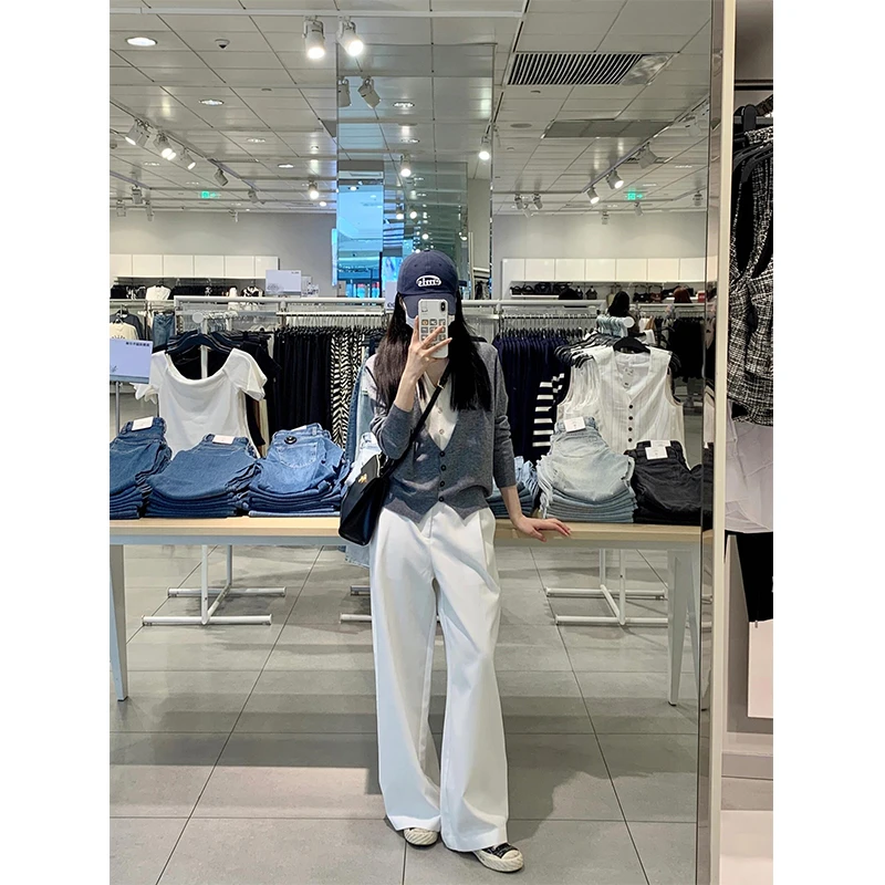 v领新款温柔气质假两件别致针织上衣显瘦高腰休闲阔腿裤休闲裤女