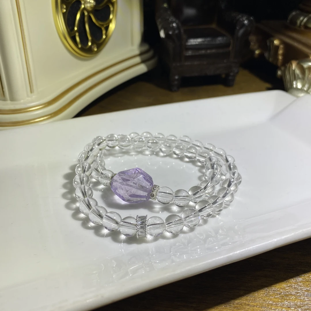 天然白水晶手链搭配紫晶设计款双圈-多样性发其一C332