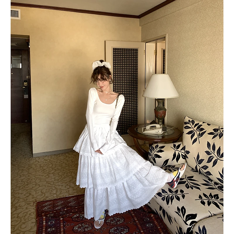 【南洋千金】白色棉蕾丝拼接连衣裙女收腰蛋糕长裙4105