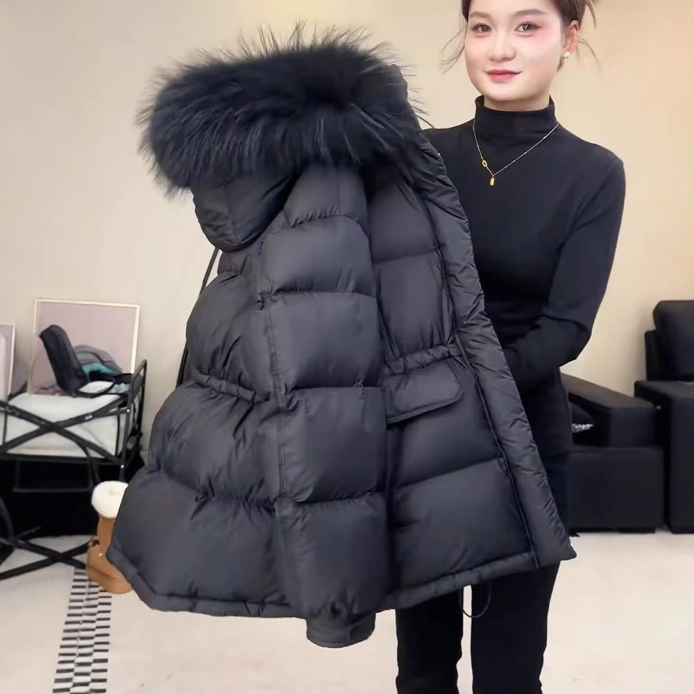 200斤高档大码毛领黑色羽绒服女冬季新款收腰防寒加厚面包服外套