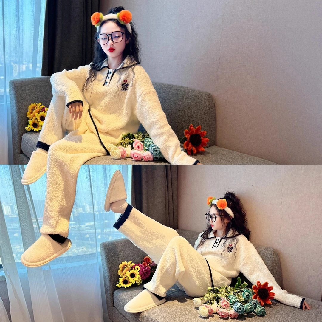 儿童秋冬珊瑚绒睡衣2025新款女孩韩版翻领长袖套装女童加厚家居服