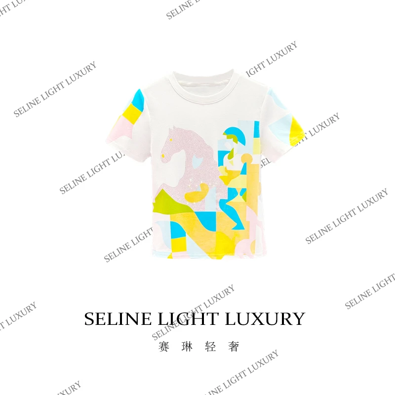 【25C-032】 2025 SELINE 轻奢原创拼色设计印花百搭圆领短袖T恤