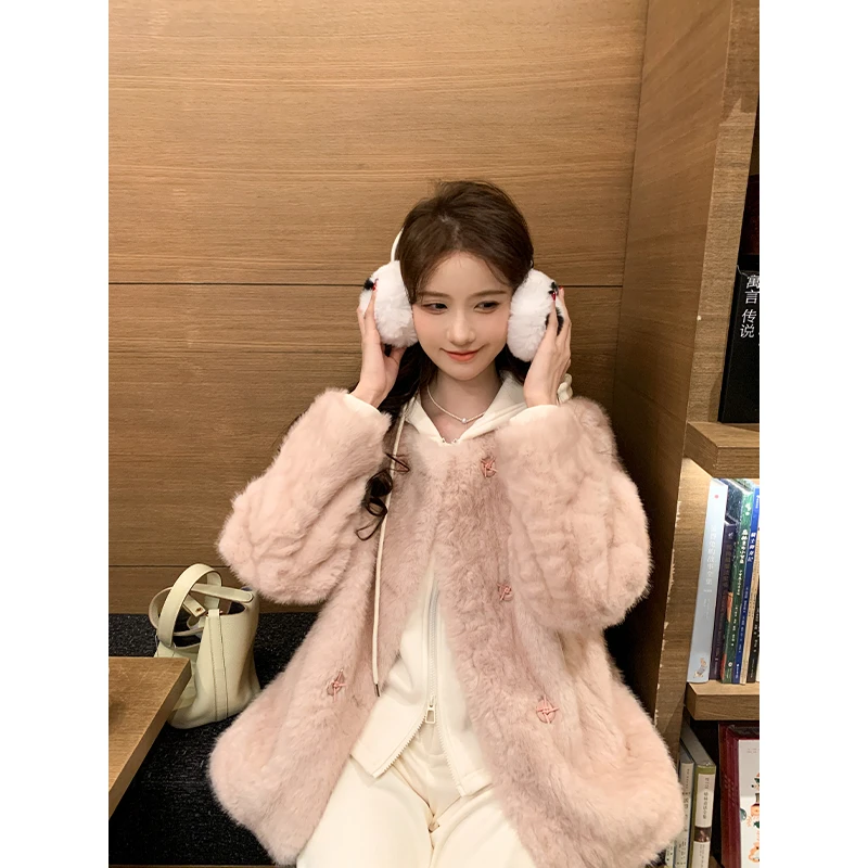 SHAOER【粉色泡泡龙】冬季温柔双排扣宽松毛毛外套女S725X20619