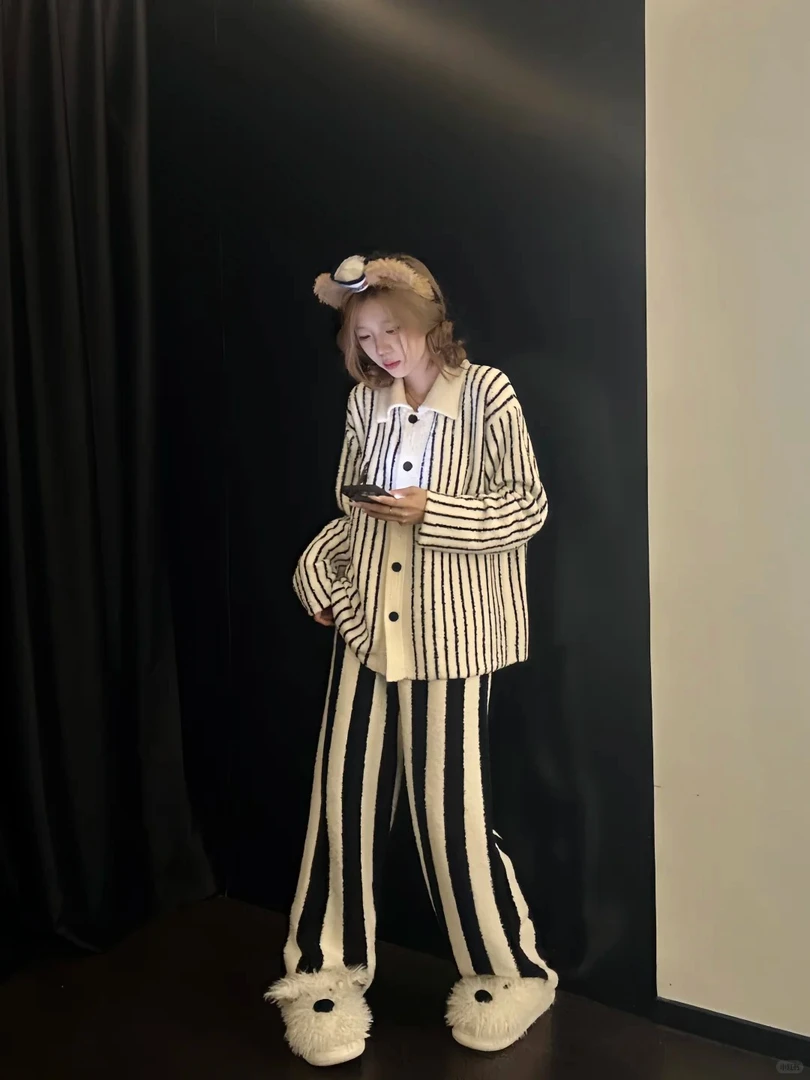 【DMXJ大梦想家】韩系甜美条纹半边绒睡衣女秋冬季新款家居服两件套