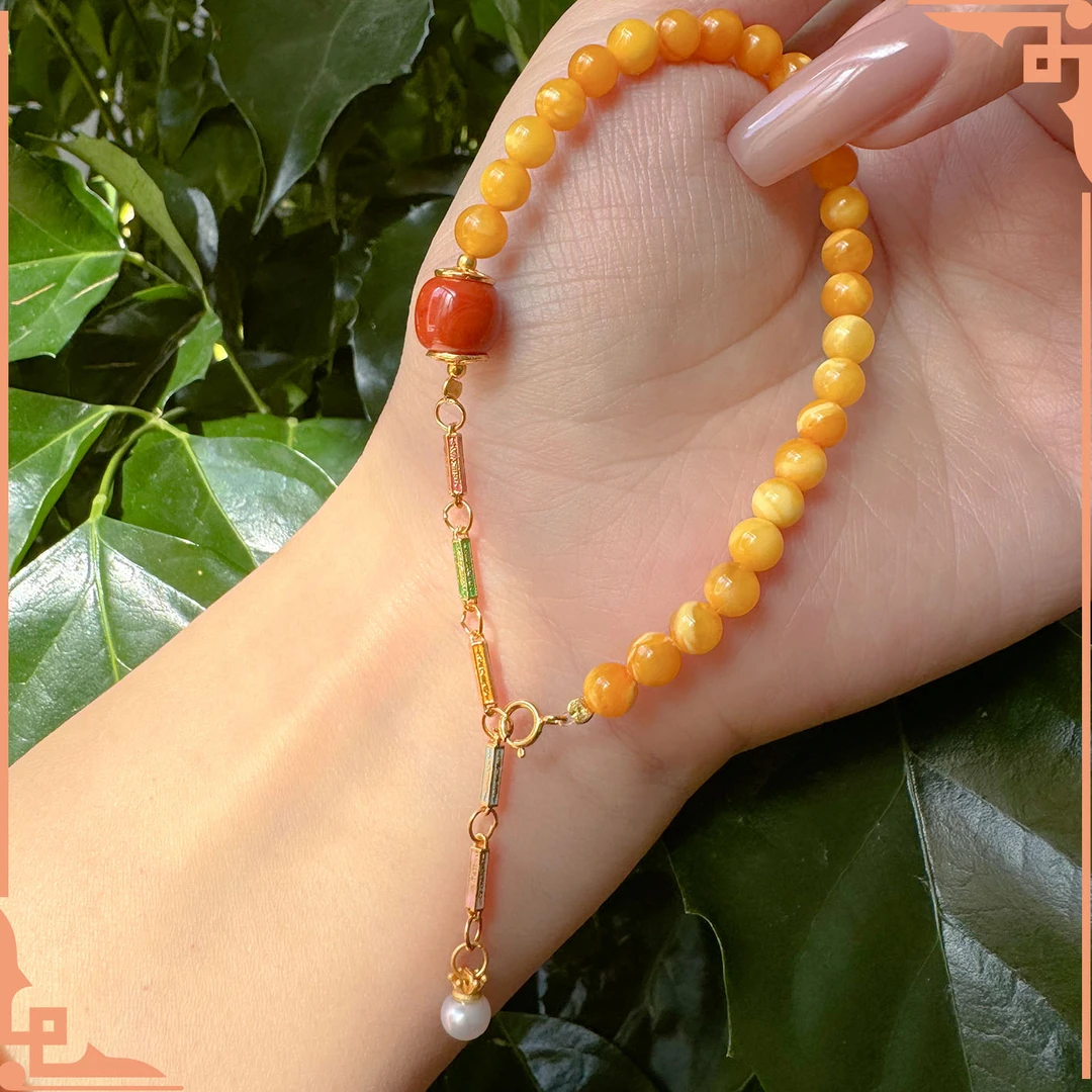 【铭奢精品】天然蜜蜡配925五路才通南红轻奢手串-多样性发货发其一