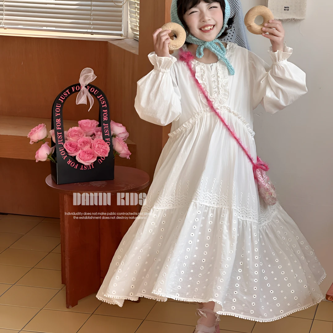 【嗒囜】女童25春季新款法式田园风刺绣长袖连衣裙中大童白色公主裙