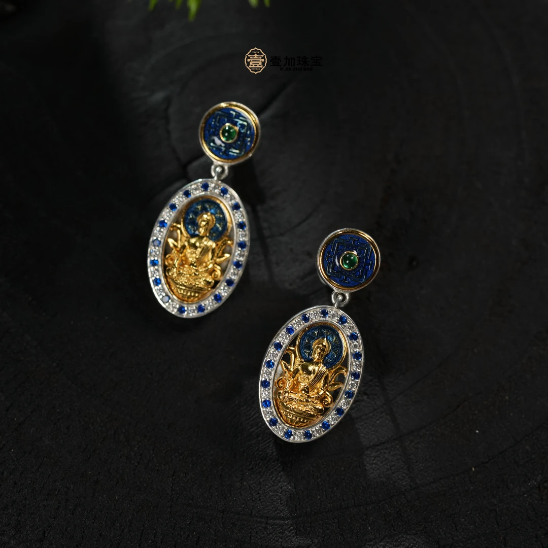 925银银制品 壹加师弟｜手工设计药师银镶耳钉多样性发一对