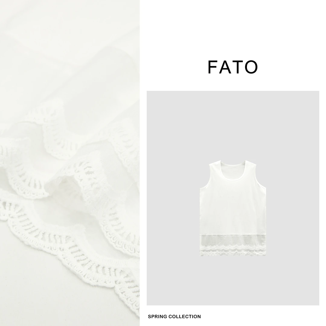 【郑买买】浪花 早春新款韩系蕾丝花边叠穿纯白无袖上衣 XM41221B1