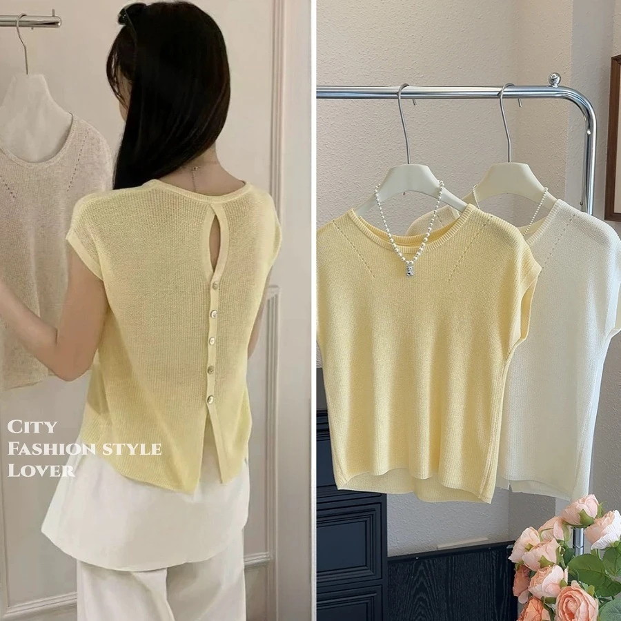后背吸睛设计~简约气质针织衫夏季百搭合体显瘦短款上衣圆领短袖