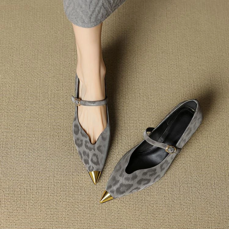 巨好穿法式单鞋女春秋浅口灰色真皮尖头中跟细跟高跟玛丽珍鞋女