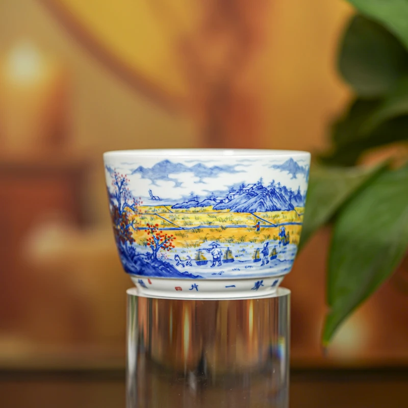 【小乔赏瓷】T古聿清三青花山水敛口杯丰收时节guyu53