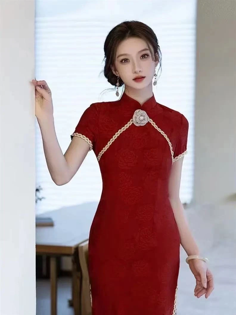 红色旗袍订婚结婚送考领口花可拆卸显瘦国风旗袍-07