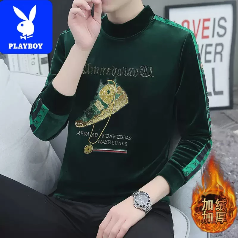 PLAYBOY花花公子半高领卫衣男秋冬季加绒加厚潮牌2025新款丝绒烫