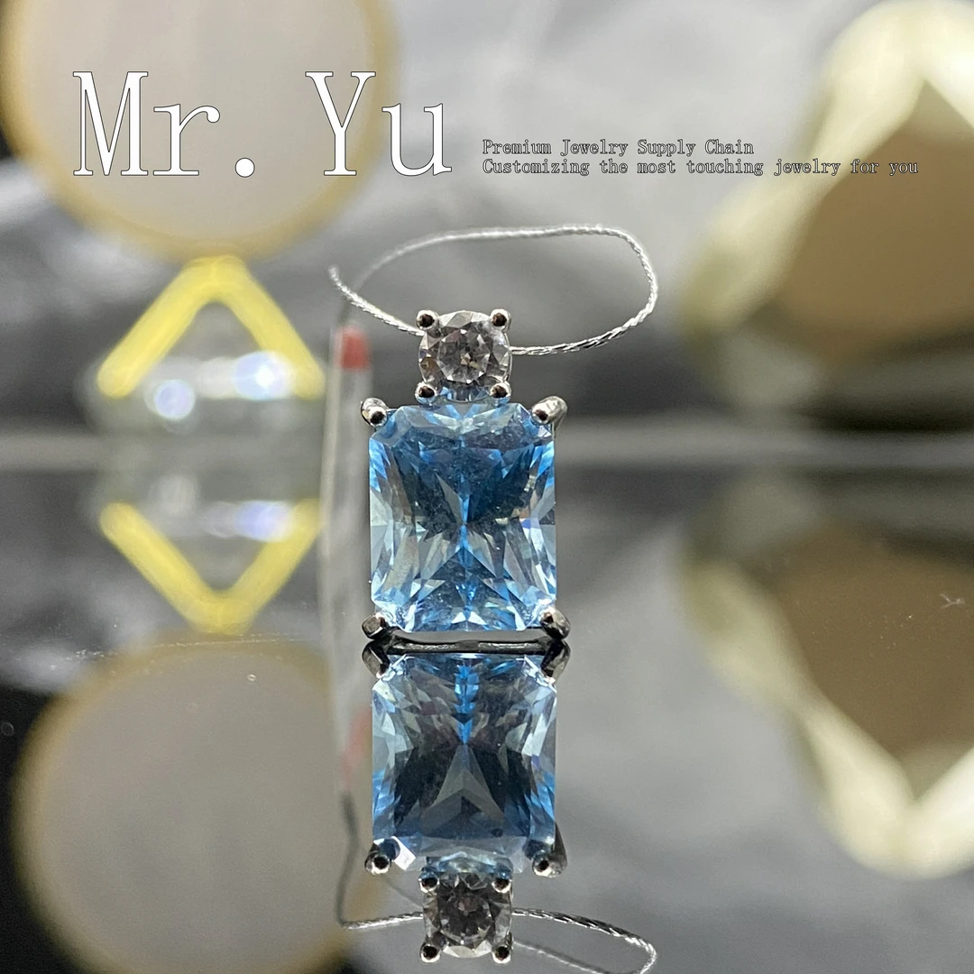 天然托帕石吊坠气质蓝色轻奢简约镶嵌长方形四爪百搭时尚tp0011