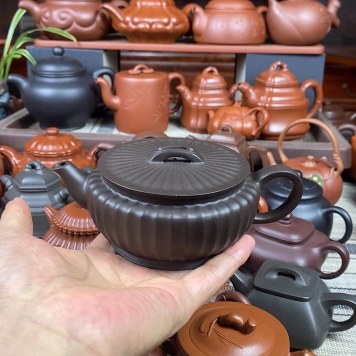 紫砂茶壶筋纹汉瓦260cc原生矿黑料特价