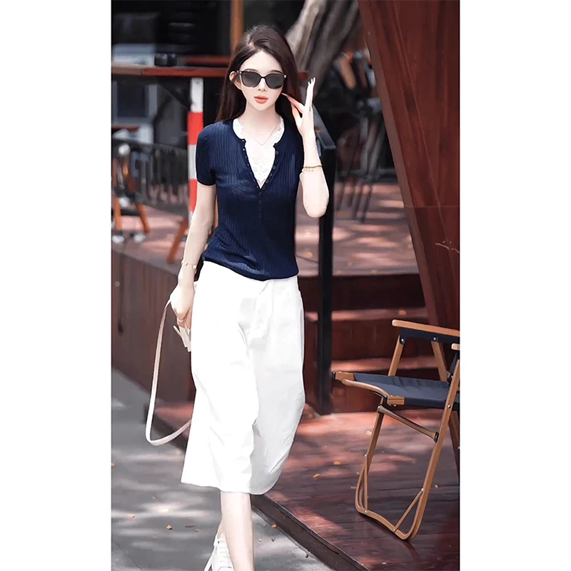 2025超火夏装一整套轻奢高级巨好看炸街减龄藏蓝色T恤中裤套装女