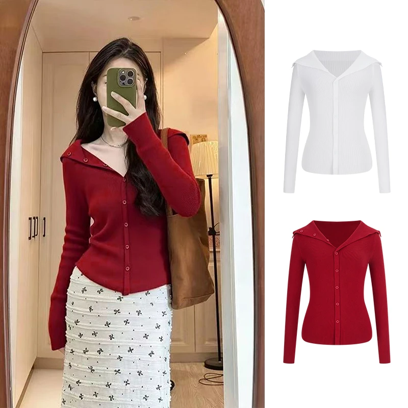 Moses Queen/魔西女王冬季洋气翻领红色毛衣基础款打底针织开衫