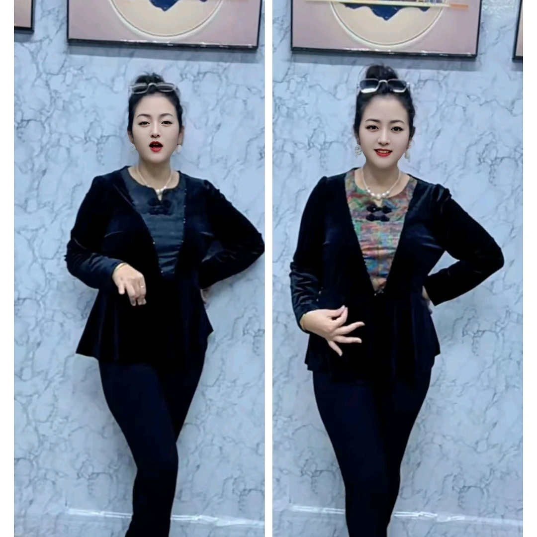 秋季修身显瘦丝绒拼接长袖新中式复古盘扣衬衫女装