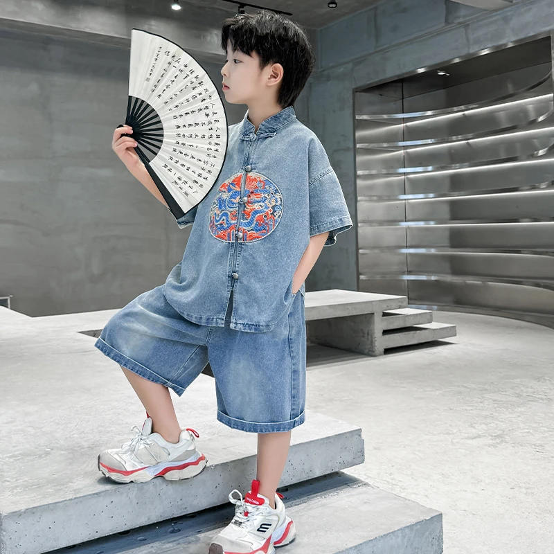 男童汉服套装夏季2025新款时尚儿童新中式牛仔夏装日常可穿夏装潮