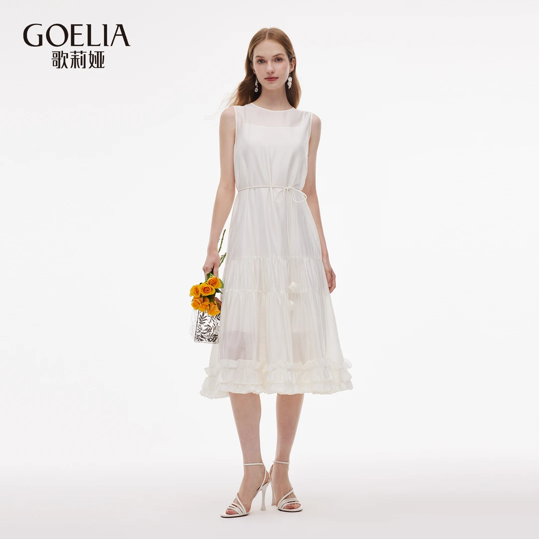 歌莉娅夏季新款天丝荷叶边裙摆连衣裙白色收腰宽松无袖1E4R4K09A