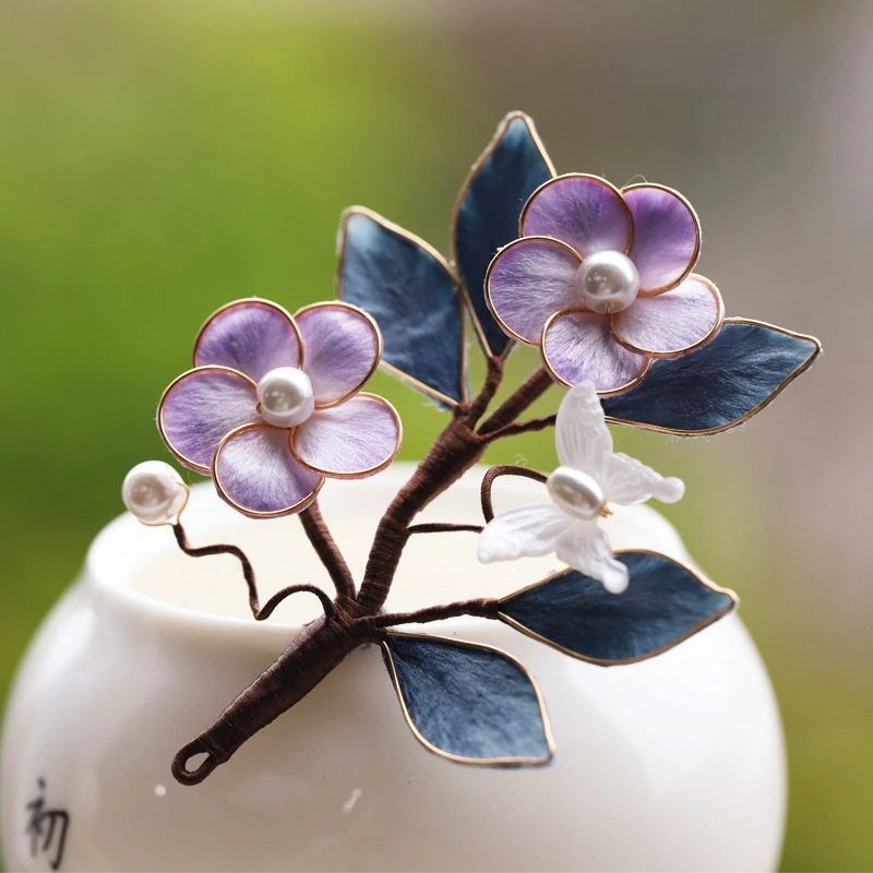 【紫韵】原创非遗掐丝绒花软簪简约汉服发饰国风马面裙配饰紫色系