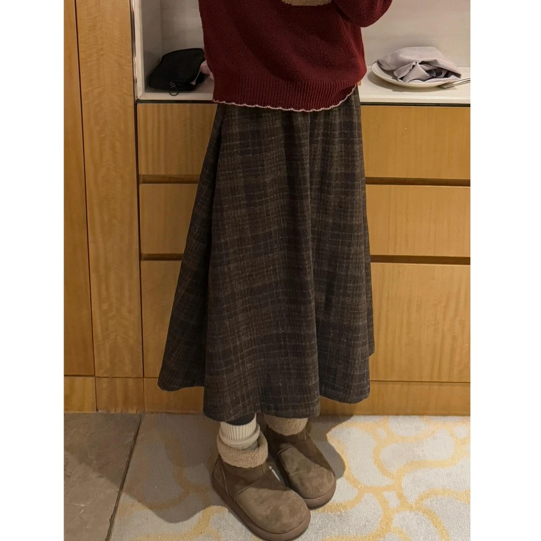 大码美拉德棕色格纹毛呢显瘦遮肚子半身裙女冬季款高腰遮肉中长裙