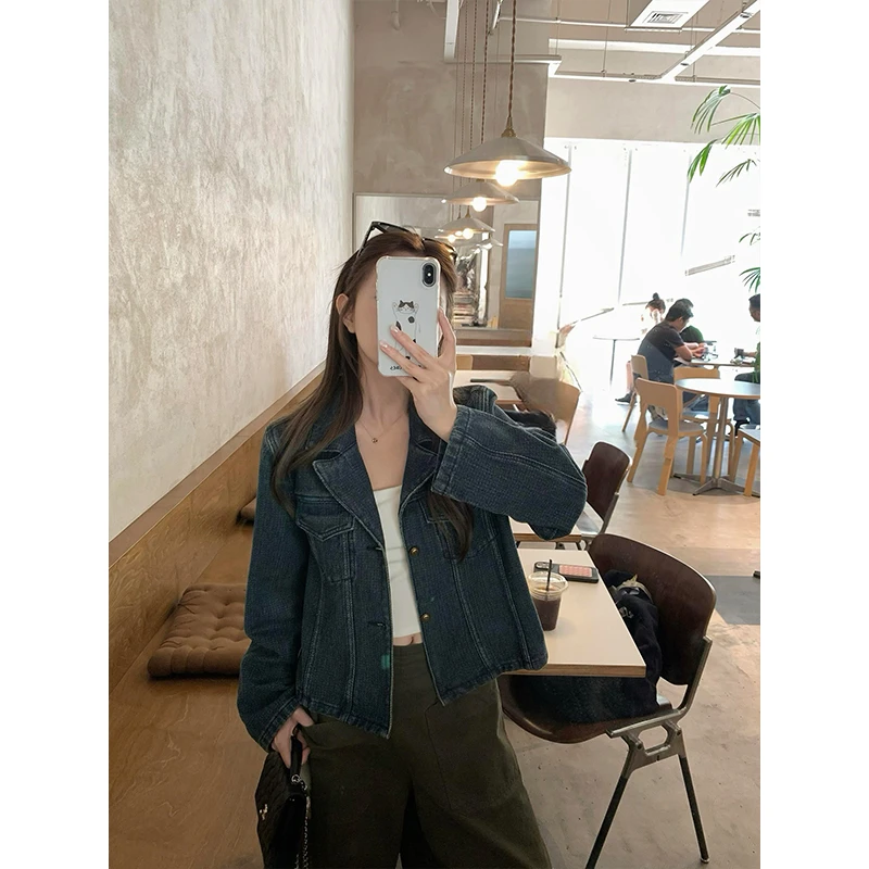 时尚气质私服复古翻领做旧软牛仔外套女2025秋季新款百搭宽松上衣