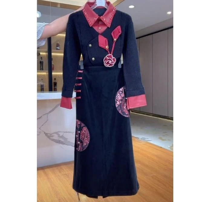 芙娜妮法式圆领秋季新款时尚气质女设计感小众长袖两件套F2432041