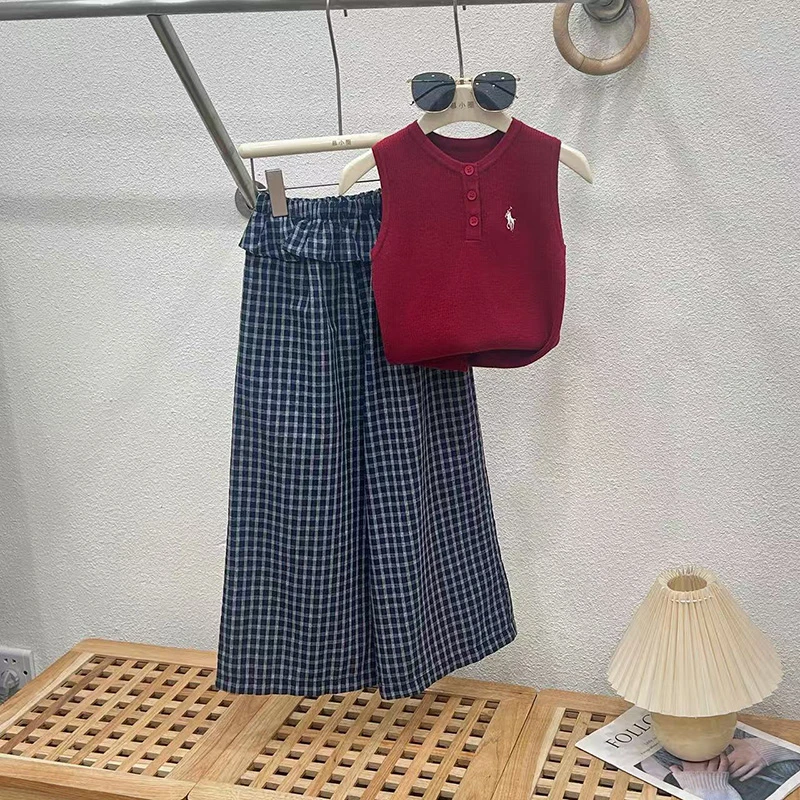 女童阔腿裤套装2025新款儿童夏装裤子中大童格子裤洋气品质童装潮