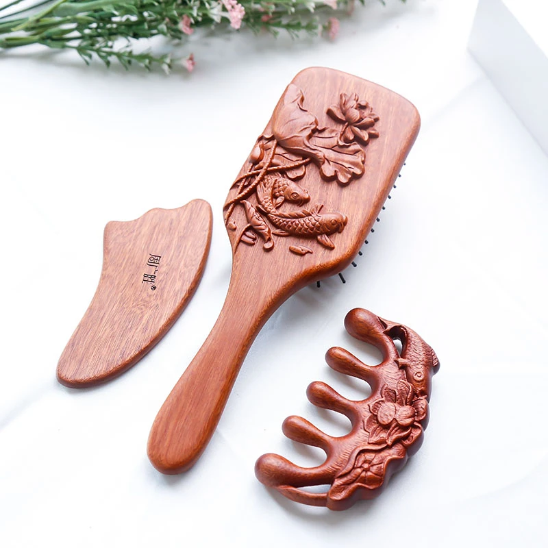 〖周广胜〗红檀香木莲心如鱼三件套随身便携家用