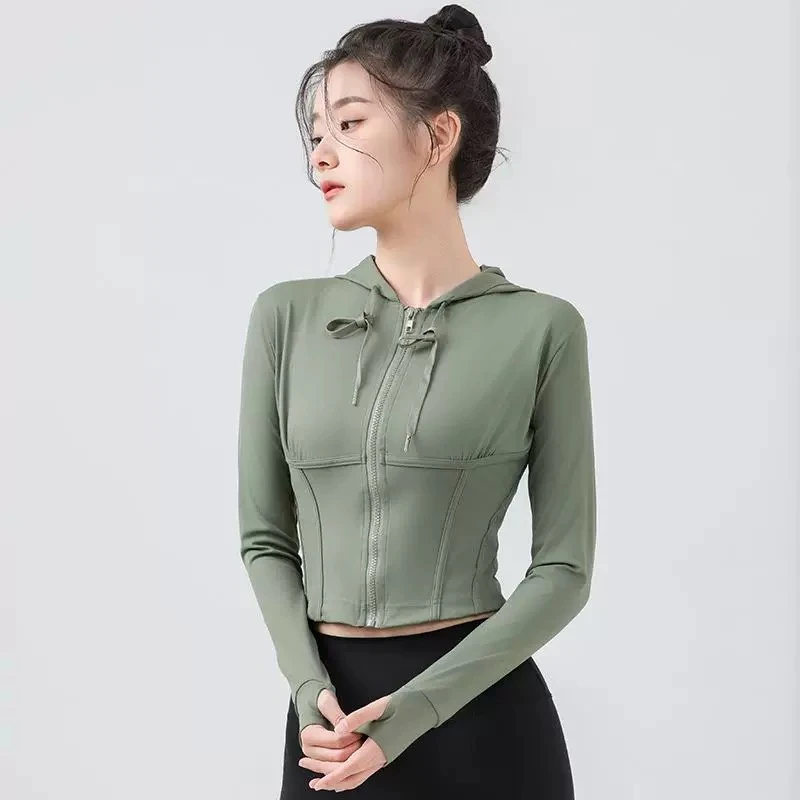 新款运动夹克拉链外套高腰长袖连帽衫瑜伽服上衣女户外跑步健身服