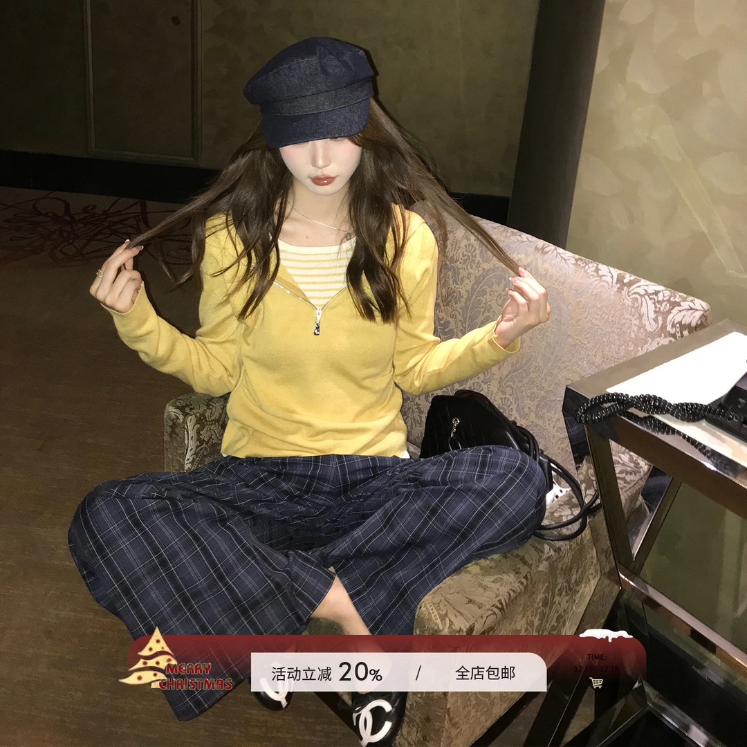 【清仓特惠】ANNESHOP[墨香暖阳]秋冬季假两件连帽针织衫女设计感条