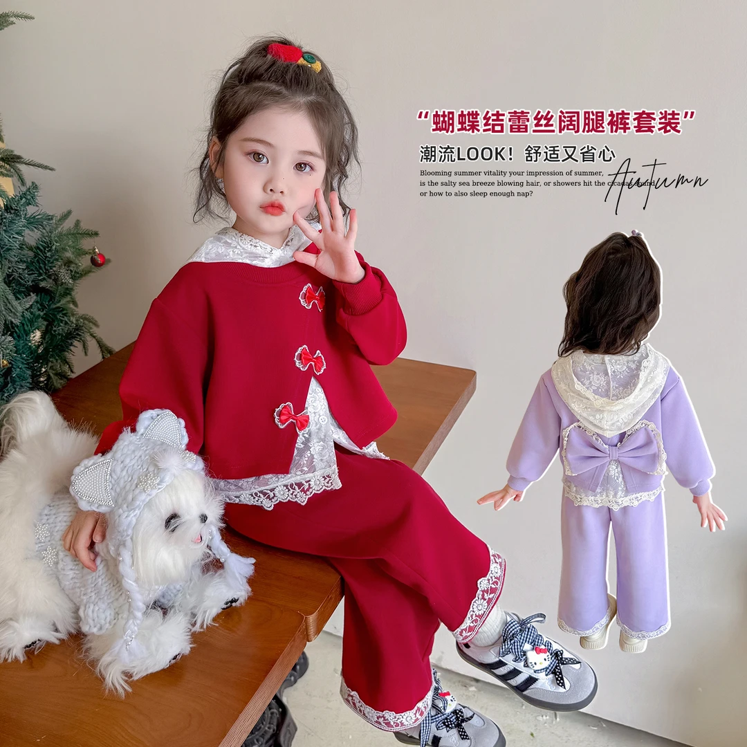 女童秋款套装新款洋气儿童甜美蝴蝶结卫衣小女孩春秋装休闲两件套