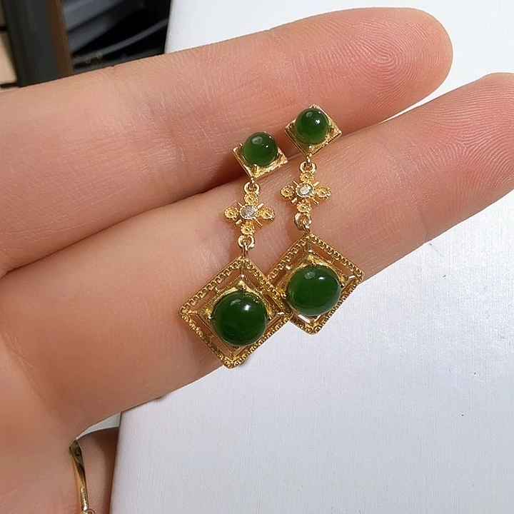 和田玉银S925镀金镶嵌耳饰