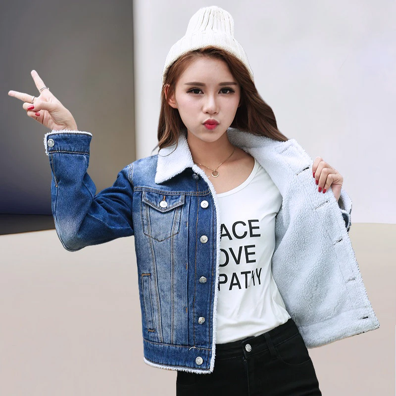 秋冬加绒加厚韩版短款网红显瘦百搭修身女士冬季保暖重工牛仔外套