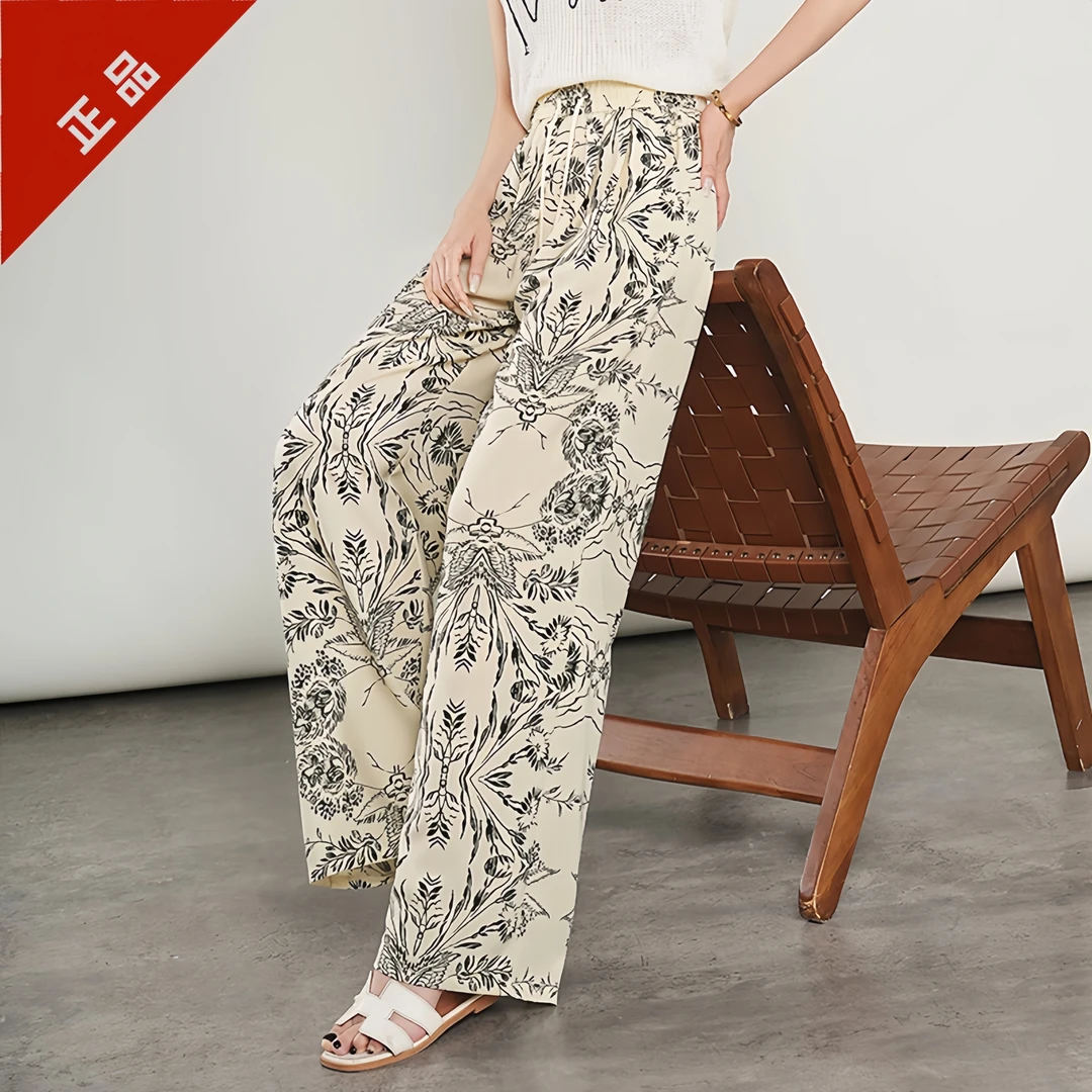 正品时尚复古提花阔腿裤女夏季薄款垂感高腰休闲裤印花速干直筒裤