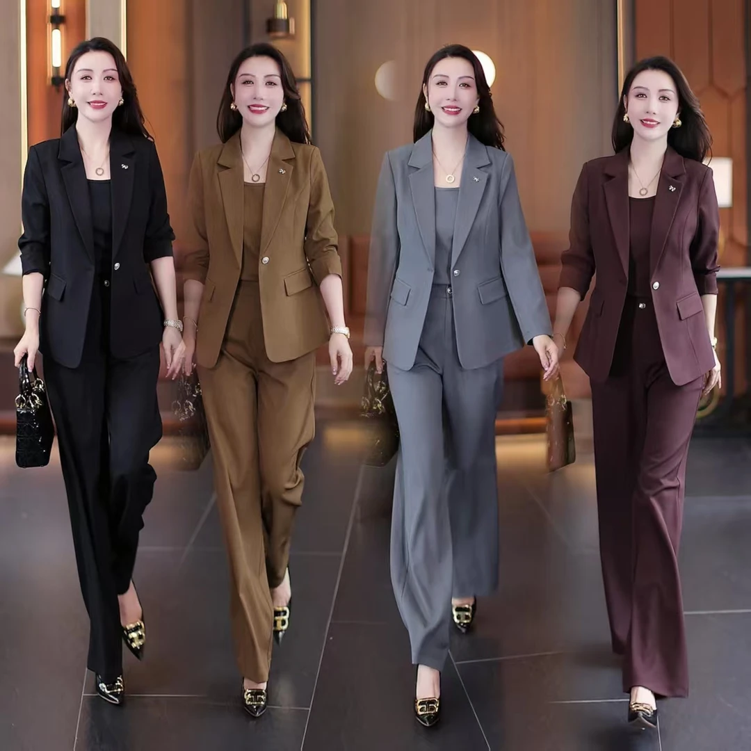 【正品】时尚气质职业套装女秋季新款洋气显瘦小西装外套吊带阔腿裤