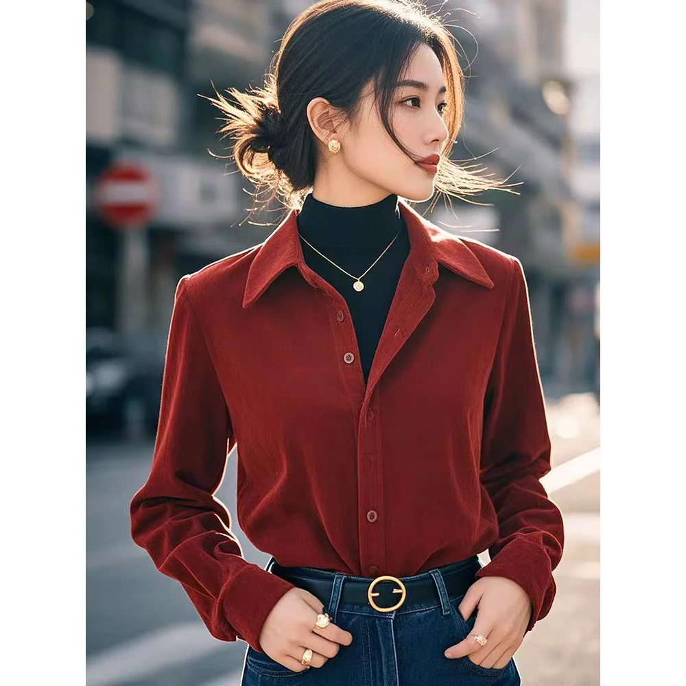 法式酒红色灯芯绒红色衬衫女2024年秋冬新款内搭叠穿磨毛打底上衣