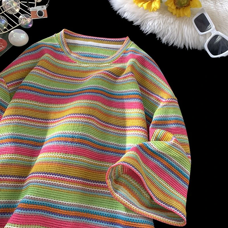 加肥新款300斤彩色条纹短袖t恤男女夏季宽松设计感休闲五分袖潮