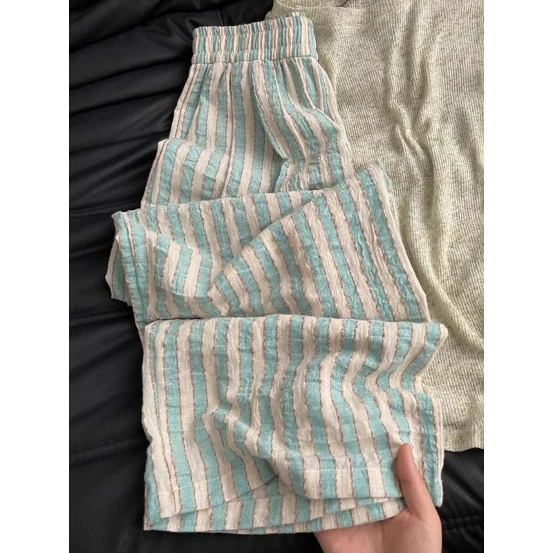 300斤特大码春夏季薄荷绿色条纹裤子男小众设计感百搭ins休闲裤潮