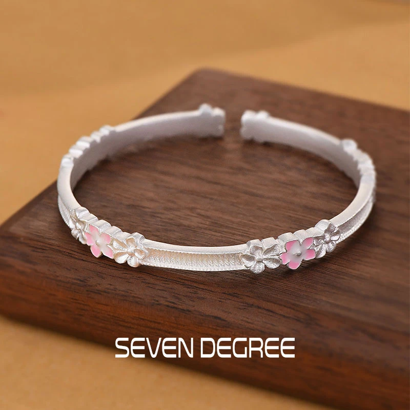 七度 足银手镯 女春樱珐琅花朵手环中式高级感镯子轻奢简约温柔风