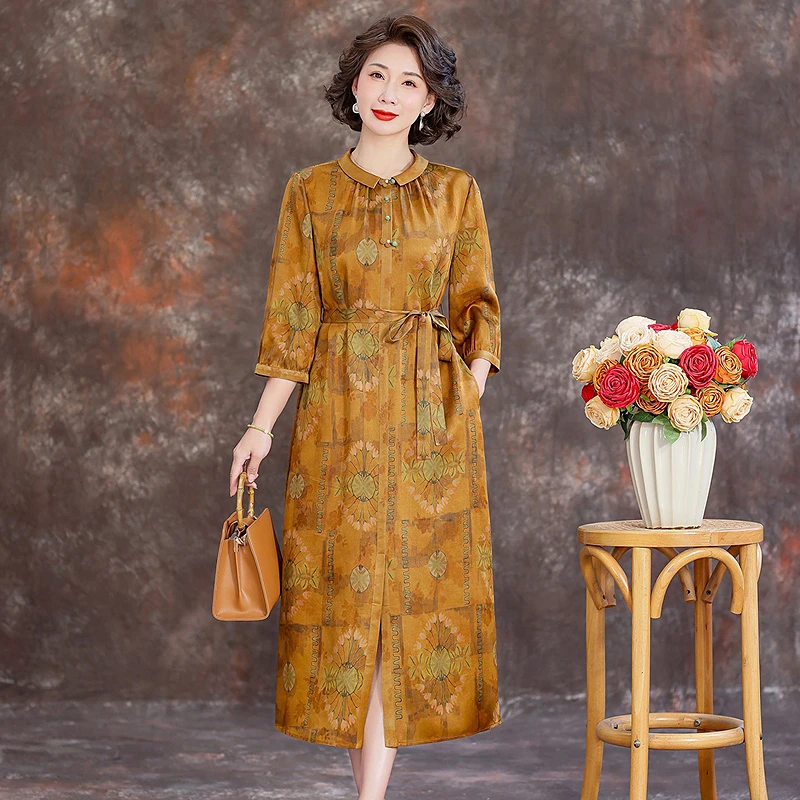 齐黛品牌香云纱连衣裙高端奢华大牌2025新款中长款印花真丝A字裙