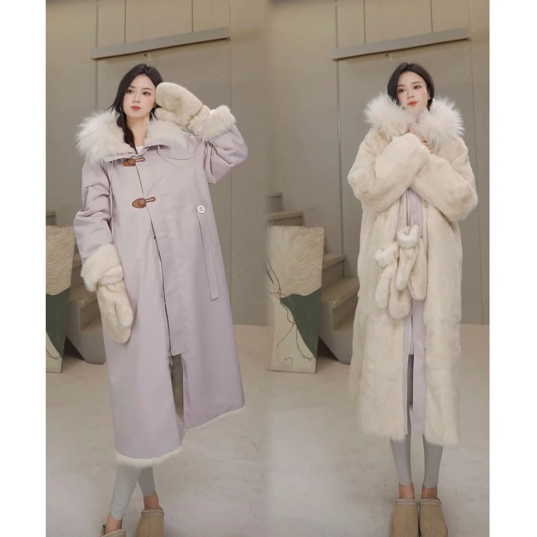 破界【帽子】2025新款长款三防皮毛一体宽松双面穿皮草派克服