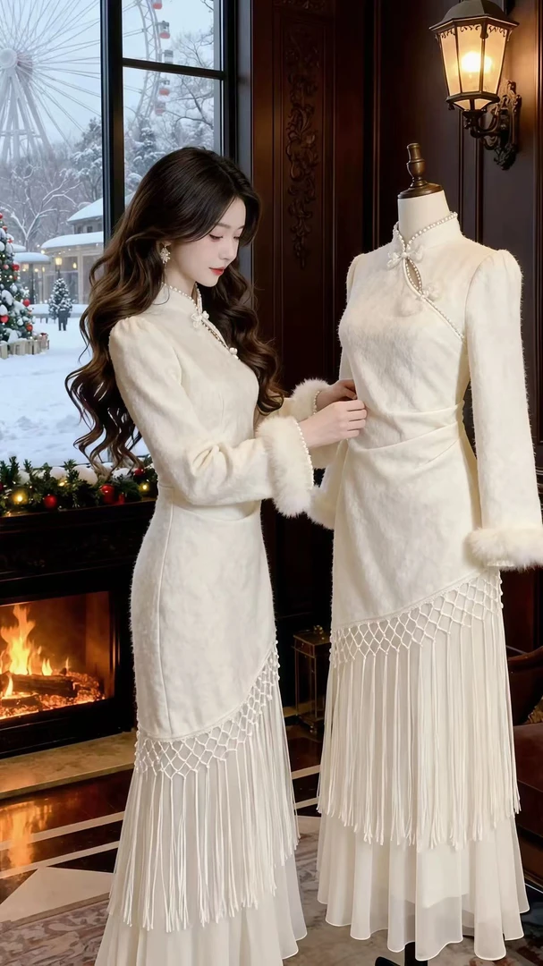 韩版秋冬改良版新中式立领缇花收腰流苏拼接网纱毛毛袖旗袍连衣裙