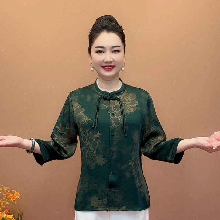 中式洋气妈妈新款宽松中老年七分夏装衬衣衬衫上衣