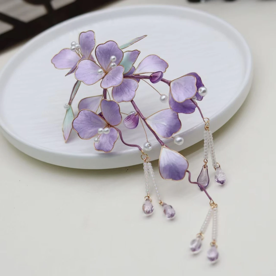 88 非遗紫藤花发簪掐丝绒花金属发簪日常百搭