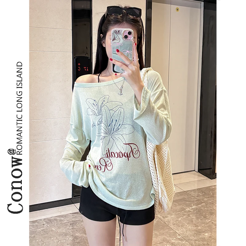 慵懒风一字领夏季韩系薄款百合印花宽松T恤ins长袖微透罩衫